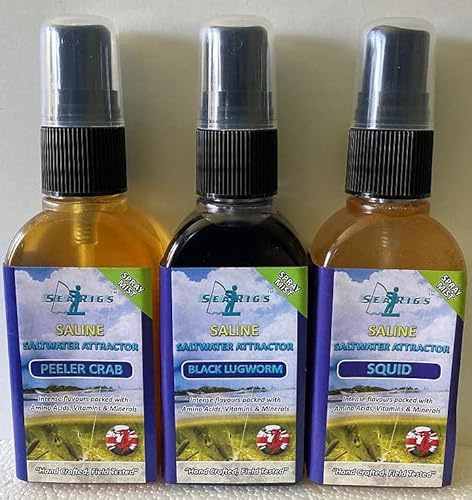 searigs Sea Fishing PEELER CRAB - BLACK LUGWORM - SQUID - 3 x 50ml Natural Saline Bait Sprays