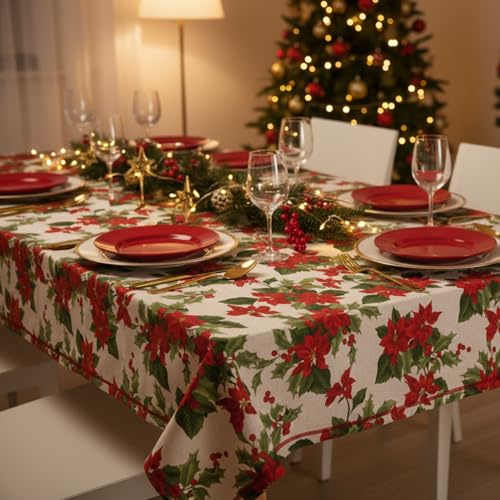 TECNOCUCI Tovaglia Natalizia Rettangolare 100% Cotone, Realizzata in Italia, Fantasia con Stella di Natale
