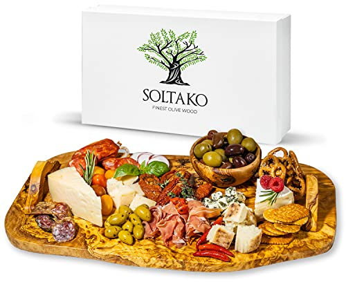SOLTAKO Planche Apéro Bois d´Olivier, Plateau de Fromage Artisanal, Planche charcuterie ou Petit-déjeuner, Planche de Fromage avec Manche, Plateau de Service en Bois, Planche de Fromage (45cm)