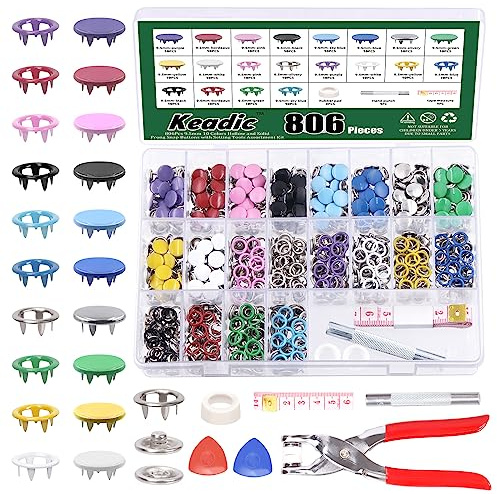 Keadic 806Pcs Metal Snaps Buttons with Setting Pliers Press Tool Kit, 10 Colors Hollow and Solid Metal Prong Buttons with Plastic Storage Case for DIY Clothing Crafting Sewing (9.5mm)