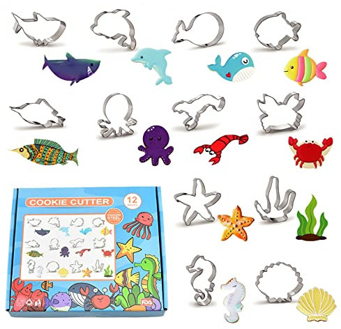 RUIYWEN Juego de 12 Cortadores de Galletas Animales Marinos Moldes de Acero Inoxidable para Galletas Fondant Chocolate Moldes Peces