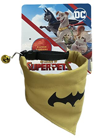 DC League of Super Pets Batman Katzenbandana mit Glöckchen, Fanartikel für Katzen, Verstellbares Halstuch mit Clip-Verschluss, Schwarz & Gelb