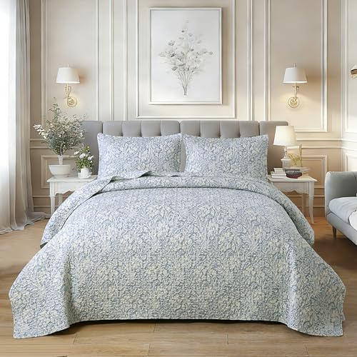 DURLENGEN Quilt Set California King Size 3Pcs,Bluish Grey Printed with Beige Leaves Pattern,Soft Microfiber Lightweight Bedspread for All Season Layering(112x104,Beige Botanical)