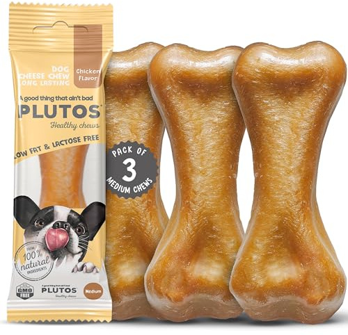 PLUTOS Hühner Kauknochen für Hunde Größe Medium, natürlicher Käsekausnack, unterstützt die Zahnpflege, proteinreich und fettarm, Langer Kauspaß für mittelgroße Hunde