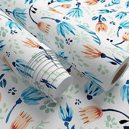Guest Ruyunlai Selbstklebende Tapete Blaue Blume PVC Tapete wasserfest 45cm X 300cm Kinderzimmer Möbel Sticker Kinder Tapeten Mädchen Dekofolie für Schlafzimmer Wohnzimmer Tür Schrank Wand