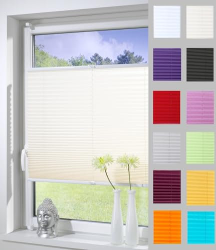 DécoProfi Plissee ohne Bohren Creme 40cm x 220cm (max. Gesamthöhe Fensterflügel) I Verspannte Plissees nach Maß mit Klemmträger/Klemmfix I Blickdichte Innenrahmen-Plissees zum Klemmen