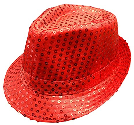 Geagodelia Pailletten Fedora Hut Damen Herren Glitzer Trilby Hut Fasching Karneval Halloween Disco Kostüm Hut Partyhut für Erwachsene (Rot, One size)