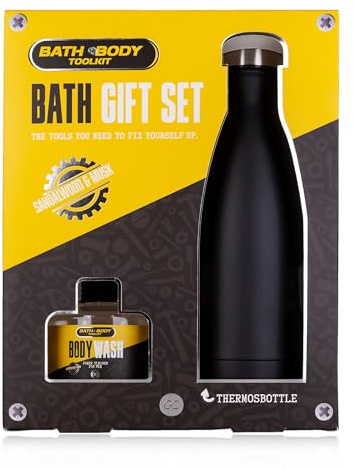 Accentra BATH + BODY TOOLKIT Coffret cadeau pour homme avec bouteille isotherme en acier inoxydable – Kit d'entretien pour homme avec gel douche et gel douche de 140 ml au design cool