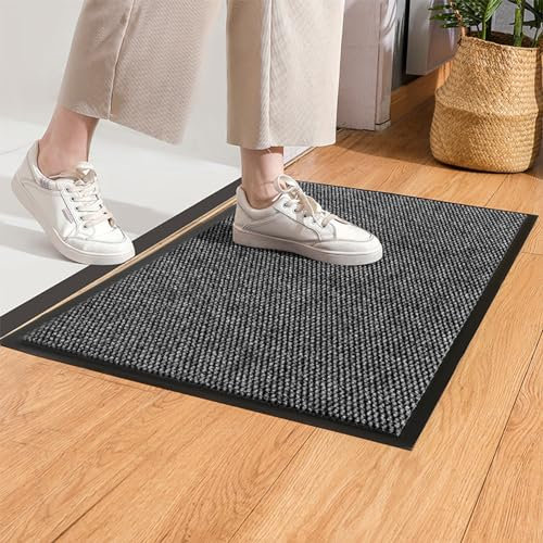 Swsen Schmutzfangmatte Rutschfester - Fußmatte für Haustür Innen/Außen mit PVC Anti-Rutsch Boden - Waschbarer Schuhmatte mit äußerst Starker Schmutz und Feuchtigkeitsaufnahme, Grau, 60 x 90 cm