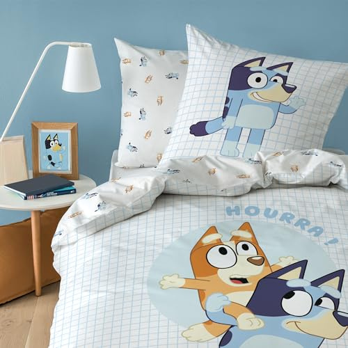 Bluey Hourra Parure de lit imprimée 100% coton - Licence officielle | Housse de Couette 140x200 cm + 1 taie 63x63 cm | Fermeture avec rabat | Chambre enfant, lit 1 place | Certification Oeko-Tex
