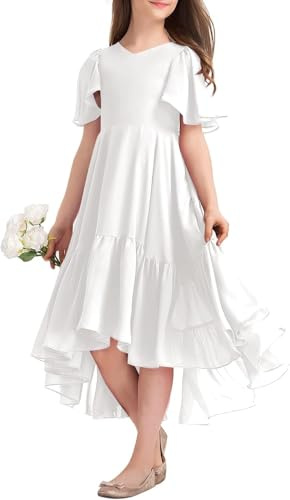Haloumoning Flicka sommarklänning V-ringad volangklänningar casual A-linje klänning Flowy hög låg lång festklänning elegant lång aftonklänning, Vit, 130 cm