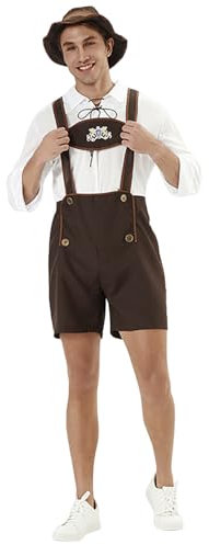Trachtenhose Herren Kurz Lederhose Tracht Original Trachtenlederhosen Lederhosen Schwarz Lederhosen mit Weißes Hemd Langarm Hosenträger Trachtenhut Trachtenmode Kurze Oktoberfest Outfit