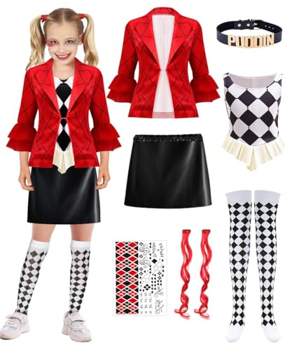 COYBTO Quinn Costume Bambina, Vestito Quinn con Giacca Top Pantaloni Corti Parrucca Accessori, Regalo per Bambino, Cosplay Quinn Clown Costume per Halloween Carnevale Cosplay (130)