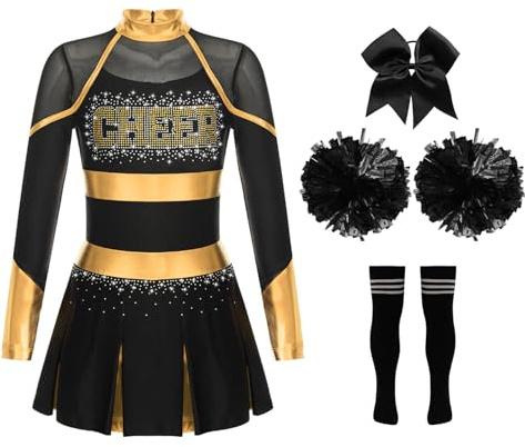 Yruioon 4Pcs Mädchen Cheer Leader Kostüm Langarm Cheerleading Kleid mit Pompoms Socken Haarband Glitzer Tanzkleid Halloween Karneval Fasching Kostüm