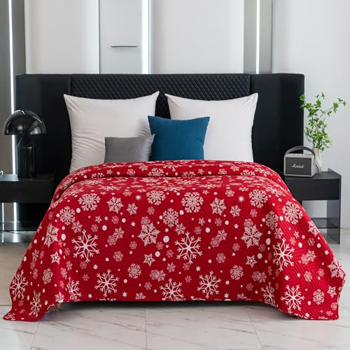 FEBE Tagesdecke Weihnachts Schneeflocken Bettüberwurf 240x220 cm Überwurfdecke Sofadecke Sofaüberwurf Flauschig Mikrofaser Zimmer Deko