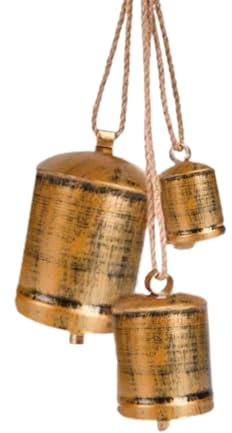 3 Kuhglocken auf Seil, große Kuhglocken rustikal, Vintage, Weihnachten, am Seil, Wandornamente zum Aufhängen, Dekoration (Gold)