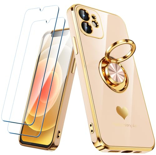 Nonional Compatible for iPhone 11 Case with 2 Pack Screen Protector, 360° Rotatable Ring Holder [Luxury Hearts Pattern] Plating Gold Edge Slim Soft Phone Cover Case for iPhone 11 - Pink