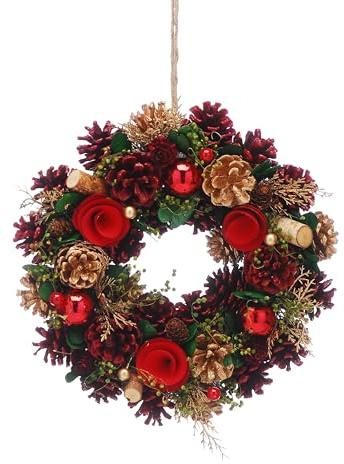 Festive Productions 30cm Green Christmas Wreath – Pinecones, Red Flowers & Baubles – Christmas Decoration, Perfect for Front Doors and Home - Decorative Wreath