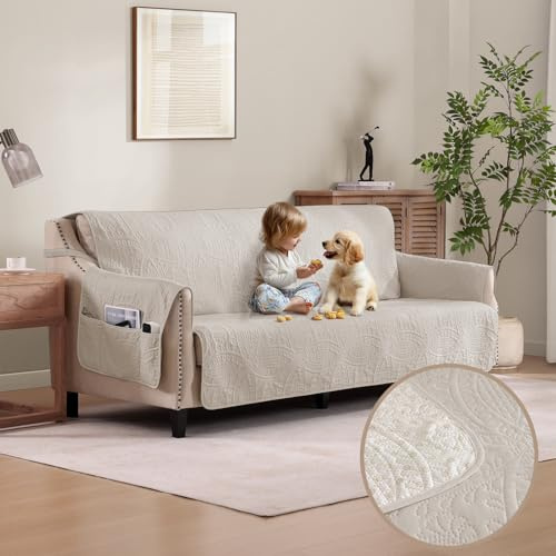 Pamhaven Soft Quilted Couch Cover with Pockets for Extra-Large Sofa, Anti-Slip Sofa Covers Washable for 3 Cushion Pet Friendly, Oversized Sofa Cover Water-Repellent (X-Large Sofa 78, Beige Cream)