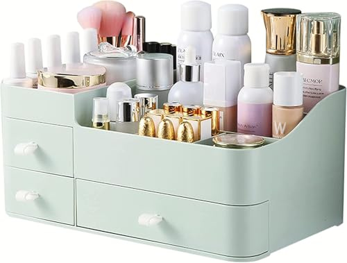 Suyoo Organizer per trucchi con cassetti, elegante contenitore da banco per cosmetici, elegante supporto per pennelli, ombretti, lozioni, rossetti, smalti e gioielli (verde)