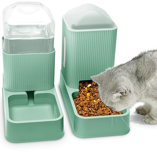 Automatic Cat Food Feeder with Cat Water Dispenser 2 Pack Dog Feeder and Water Dispenser in Set 1 Gallon x 2 for Small Medium Dog Puppy Kitten