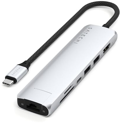 SATECHI 7 en 1 Hub USB C Slim Plus Adaptateur Multiport avec Ethernet, Charge PD 100W, HDMI 4K@60Hz, 2X Ports USB-A 10Gbps et SD/microSD pour MacBook Air/Pro/Neo, PC Portable et Plus – Argent