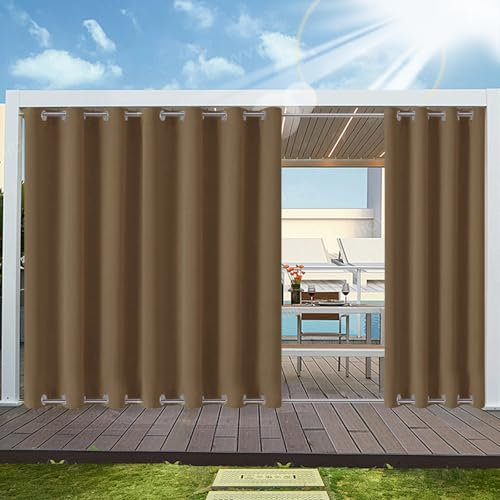 Outdoor Vorhang Wetterfest mit ösen Oben und Unten (Nach Mass), Wasserdicht Wetterfest Vorhang Sonnenschutz Sichtschutz Gardine für Außen Terrasse Balkon Vorhalle, 1 Stück 192X315cm Leichter Kaffee