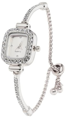 Halukakah Kids' Sparkling Diamond Watch - Platinum Plated - Silver Rectangle Dial - Quartz Adjustable Stainless Steel Wristwatch - Suitable for Boys and Girls