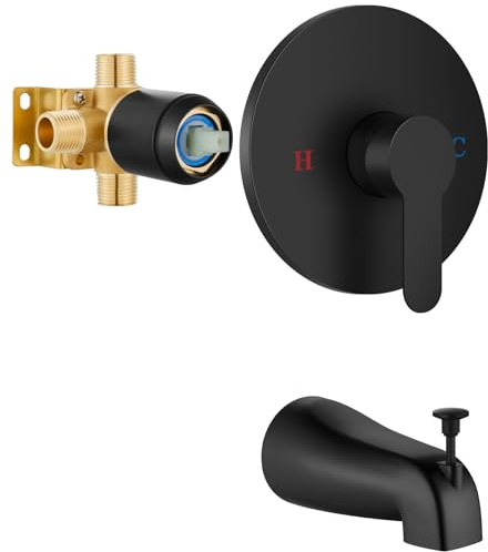 Airuida Round Shower Valve Trim Kit with Pull-up Switching Tub Spout Wall-Mounted Single Handle Bathtub Faucet with Male Thread Solid Brass Tub Shower Rough-in Mixer Valve Matte Black