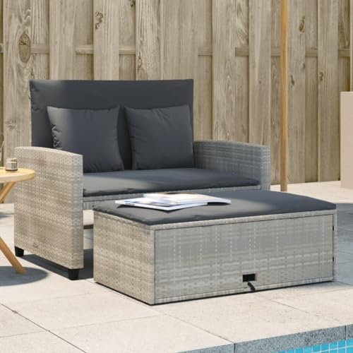 IKAYAA Gartensofa 2 Sitzer Balkon Lounge Klein Balkonsofa Rattan Sofa mit Schlaffunktion Gartensofa mit Hocker mit Stauraum Rattan Lounge Möbel Outdoor Lounge Sofa Outdoor-