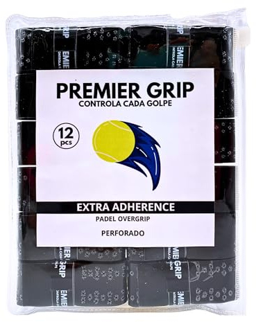 Premier Grip® Grip Pádel | Grip Perforado Negro | Overgrip Padel | Paquetes 6/12 Unidades | Grip Raqueta | Máxima Absorción del Sudor | Cinta de Agarre Antideslizante | Accesorios Padel (12)