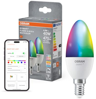Osram SMART+ Kerze mit Matter over Wifi, Vorteilspack mit 2 Stück, E14-Sockel, 9W, 16 Mio RGB-Farben, warmweiß-tageslichtweiß (2700-6500K), funktioniert mit Alexa, Google und Apple, 2er-Pack