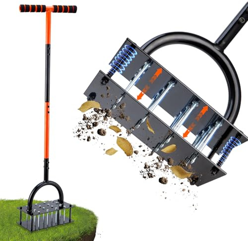 Bluesea Lawn Aerator Tool - 16 Iron Spikes with Ergonomic T-Handle, Automatic Dirt Clean for Soil Loosening & Yard Aeration, Manual Metal Grass Aerator (Orange)