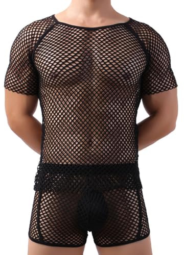 IKOPFLN 1 Pezzi canottiera da uomo con struttura in rete - Maglia in rete con mezze maniche, top da uomo, camicia in rete da uomo, per clubwear, feste e look da tutti i giorni, nero,M