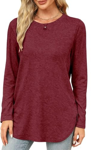 Teesho Damen Tshirt Langarm Longshirt Baumwolle Oberteile Herbst Shirts Elegant Langarmshirt Lose Lang Tops Tunika(weinrot/L)