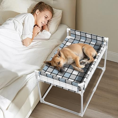 Bedside Window Pet Cat Bed - Dog Bed with Guardrail Extension Attached to Human Bed Height Elevated Dogs Cats Window Perch Bedside Dog Cot Sleeper Hammock Furniture Pet Beds (34'' x 20'' x 24'') | Extension Attached to Human Bed for Medium Dog Cat, Stainless Steel Window Perch Lounge Elevated Sleeper Hammock Furniture