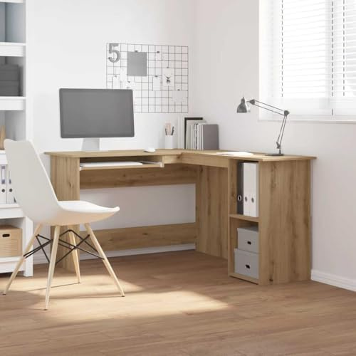 QUAHEAS Eckschreibtisch Artisan-Eiche 120x140x75 cm, L-Form Computertisch mit Tastaturablage, ideal für Büro und Homeoffice, modernes Design