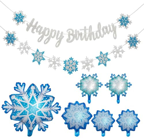 8 Stück Schneeflocken Deko, Schneeflocken Geburtstagsdeko Set mit 2 Banner und 6 Luftballons, Frozen Geburtstagsdeko, Winter Deko für Themenparty im Winter, Kindergeburtstag und Hochzeit