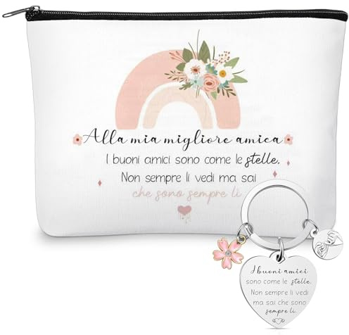 Xuniea Set Regalo Amicizia per Migliore Amica e Sorella Donna 1 Borsa Cosmetici Pochette Trucchi 1 Portachiavi Regalo per Maestra Classe Addio Ufficio(Arcobaleno)