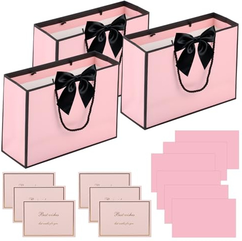 3 Pcs Sac Cadeau Anniversaire Enfant, 28 x 20cm Pochette Anniversaire Enfant, Sachet Cadeaux pour Fête di Halloween, Noël, Bonbons, Mariage, avec 6 cartes de vœux et 6 papier de soie