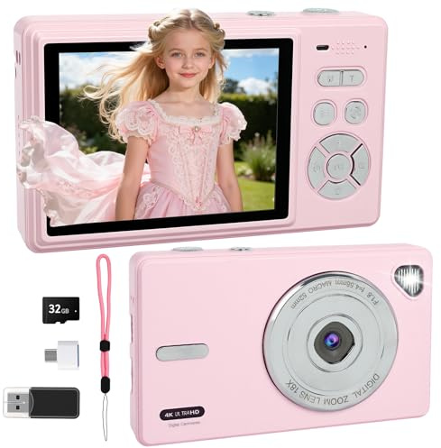 Digital Camera 4K - Autofocus Compact Cameras with 32GB SD Card 44MP Portable Mini Small Photo Camera with 2.8 LCD Screen 18X Digital Zoom Vlogging Camera for Students, Teens, Beginners (Pink)
