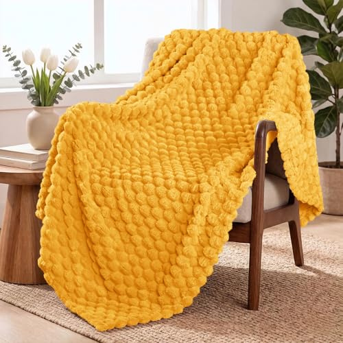 Exclusivo Mezcla gosig filt, fleecefilt, fluffig soffilt, 130 x 170 cm, jacquard-överkast, levande filt, överkast, varm och lätt för året runt, senapsgul
