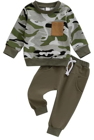 Carolilly Ensemble Vêtement Enfant Bébé Garçon de 2 Pièces, Sweats à Manches Longues + Pantalon Taille Elastique, Camouflage Vert, 12-18 Mois