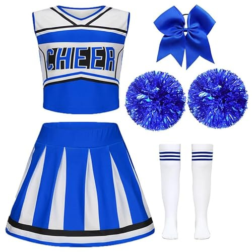 XFOZDM Disfraz de animadora para niños, niñas, vestido de carnaval, disfraz con pompones, tocado y calcetines para Halloween, carnaval, uniforme de escuela secundaria, azul-130