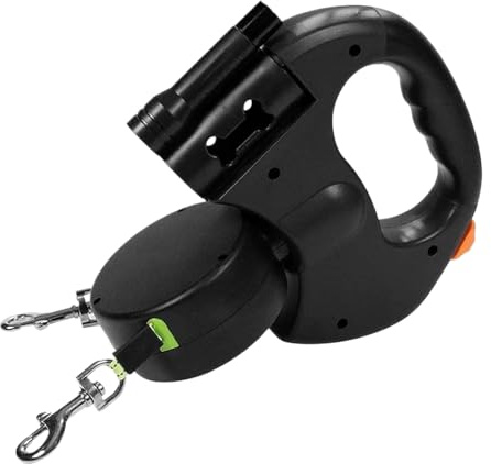 Dubbelkoppel, vikbar teleskopkabel för hund, 20 x 16 x 3,5 cm ABS-byggnad med vadderat handtag, halkfritt utomhusverktyg med vattentäta LED-lampor, promenader och campingtillbehör med hållbar design