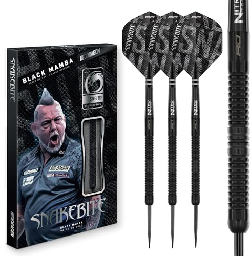 Röd DRAGON Darts – Professionell spelare Steeldarts – Peter Wright 'Snakebite' – Black Mamba Serie 22 g dart pilar | 90 % volfram professionell dartpilar metallspets | inklusive dartvingar och