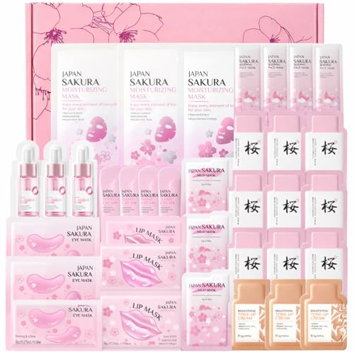 39PCS Sakura Skincare Gift Set - Face Masks Skincare, Skincare Gift Set with Lip Mask, Eye Mask, Clay Mask, Serum & Hand Cream - Pamper Gifts for Women, Pamper Sets for Teenage Girls in UK