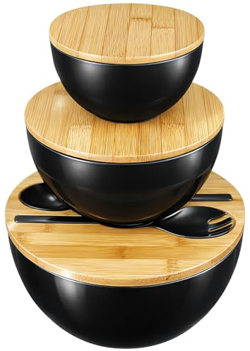 MSYU 3 Pack Salad Bowl with Servers Set Mixing Bowls Solid Bamboo Salad Wooden Bowl with Bamboo Lid Spoon for Fruits, Salads and Decoration (9.8INCH, 7.6INCH, 5.9INCH), Black