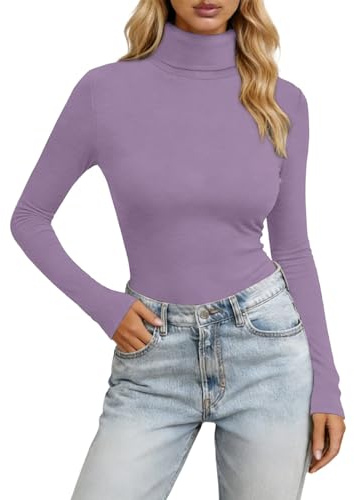 Camiseta de manga larga para mujer, cuello alto, ajustada, elástica, informal, monocolor