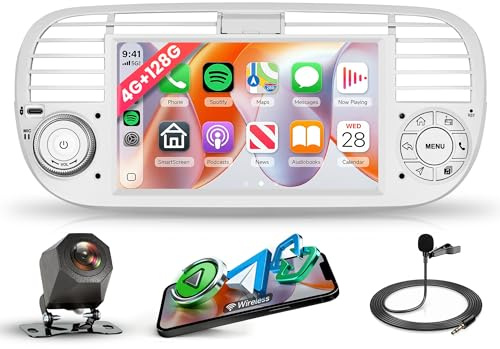 Rimoody 4G+128G Android Autoradio per FIAT 500 2007-2015 Wireless Carplay Android Auto, 7 Pollici Touchscreen Radio GPS Navi WiFi Bluetooth FM/RDS Radio EQ/USB/Comandi al Volante Telecamera Posteriore